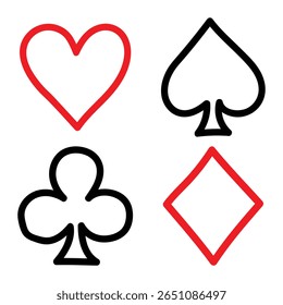 Playing card suits icon set. Hand-drawn doodle style vector symbols of heart, spade, club, and diamond for casino, poker, and game design. Illustration, isolated.