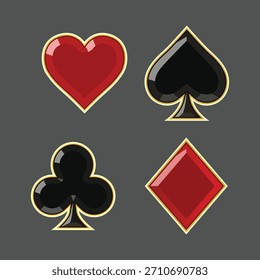 Playing Card Suits Icon Set with Gold Border – Heart Spade Club Diamond – Vector Illustration