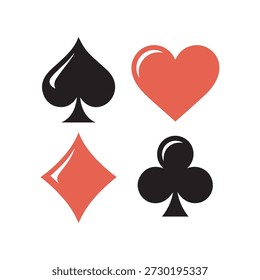 Ilustração de naipes de cartas de jogo com diamante de coração de pá e símbolos de clube em preto e vermelho com contornos ousados