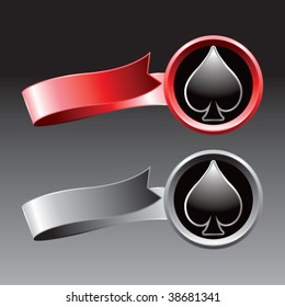 playing card suits on red and gray ribbons
