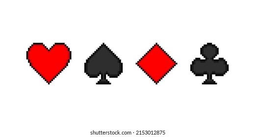 Playing card suits pixel. Red heart and diamond with black club and spade. Gambling poker games in club and vector house