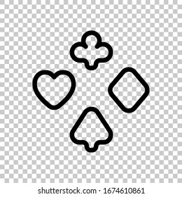 Playing card suits, poker club, outline design. Black symbol on transparent background