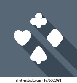 Playing card suits, poker club. White flat icon with long shadow on blue background