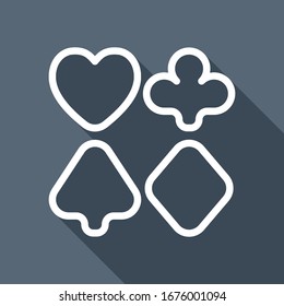 Playing card suits, poker club, outline design. White flat icon with long shadow on blue background