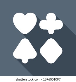 Playing card suits, poker club. White flat icon with long shadow on blue background