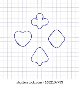 Playing card suits, poker club. Hand drawn picture on paper sheet. Blue ink, outline sketch style. Doodle on checkered background