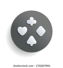 Playing card suits, poker club. White paper symbol on gray round button or badge with shadow