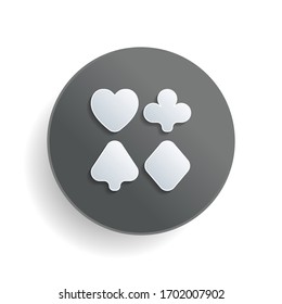 Playing card suits, poker club. White paper symbol on gray round button or badge with shadow