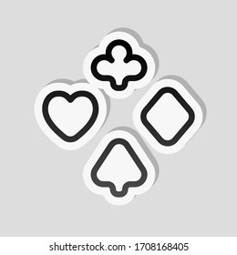 Playing card suits, poker club, outline design. Sticker style with white border and simple shadow on gray background