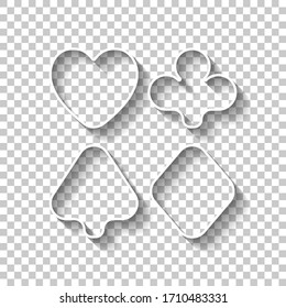 Playing card suits, poker club. White outline sign with shadow on transparent background