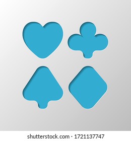 Playing card suits, poker club. Paper design. Cutted symbol with shadow