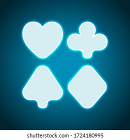 Playing card suits, poker club. Neon style. Light decoration icon. Bright electric symbol