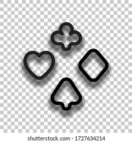 Playing card suits, poker club, outline design. Black glass icon with soft shadow on transparent background