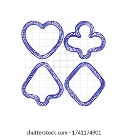 Playing card suits, poker club, outline design. Hand drawn sketched picture with scribble fill. Blue ink. Doodle on white background