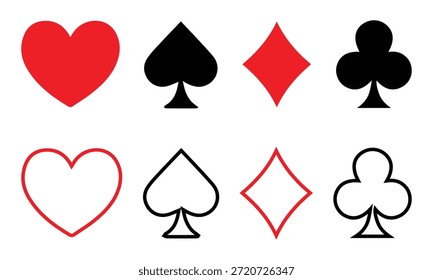 Spielkartenanzüge in Rot und Schwarz, solide und Umriss, für Spiele und Design.