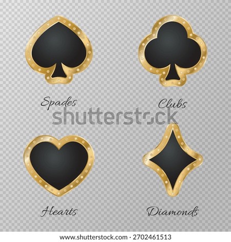 Playing card suits set decorated with diamonds and gold isolated on transparent background. Diamonds, spades, hearts, clubs. Poker  and casino concept. Gambling and poker symbols. Vector illustration
