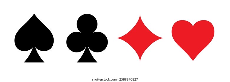 Playing card suits set. Poker cards: black spade, club and red diamond, heart isolated on transparent background. Classic poker and casino symbols minimalistic and simple design. Vector illustrations.