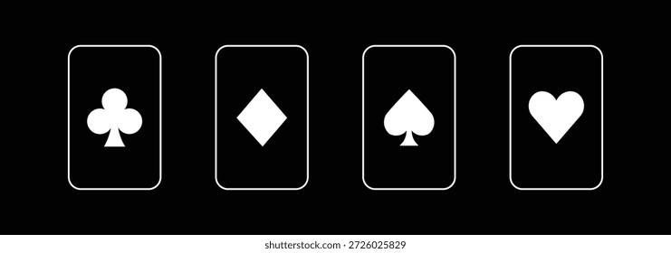 Trajes de la tarjeta de juego fijados con los corazones de los clubes de los diamantes de las espadas, baraja tradicional de las tarjetas del póker. Cuatro Conjuntos de naipes que se extienden a través del símbolo de Black Jack. Icono de silueta de traje de tarjeta. Juego de Casino plano 