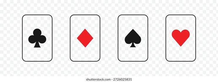 Playing card suits set with spades diamonds clubs hearts, traditional deck of poker cards. Four sets of playing cards spanning across Black Jack Symbol. Card Suit Silhouette Icon. Casino Game flat 