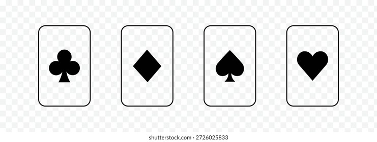 Jogando naipes de cartas conjunto com espadas diamantes copas de paus, baralho tradicional de cartas de poker. Quatro conjuntos de cartas de baralho que se estendem pelo Black Jack Symbol. Ícone da silhueta do naipe de cartão. Jogo de Casino plano 