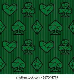 Playing card suits, signs, seamless pattern. Green background. Triangle style. Eps10