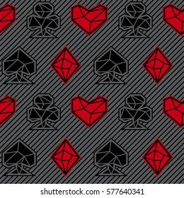 Jugando palos de cartas, carteles, patrón sin fisuras. Fondo gris. Estilo triángulo. Eps10