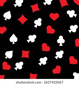Playing Card Suits spade, diamond, heart and club icons in a repeating pattern on black background.