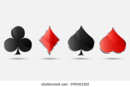 Playing card suits, spade, heart, club and diamond vector set for your design or logo. Realistic deck cards isolated on white background.