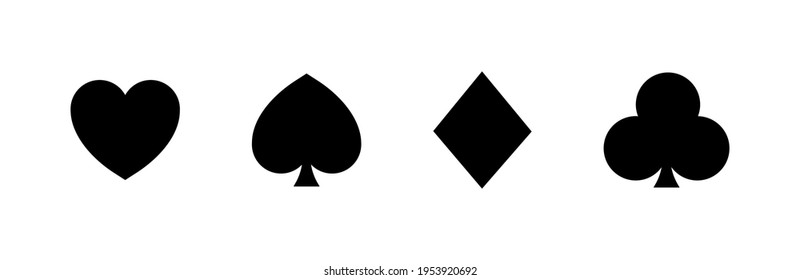 Playing card suits vector set. Spades Hearts Diamonds and Clubs icons isolated on white background. Card deck. Gamble game concept logo. Poker kards. Vector graphic. EPS 10 