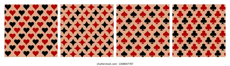 Kartensymbole, Muster spielen. Herzen, Diamanten, Pik, Klee, Schwarz und Rot. Vektorgrafik für Design