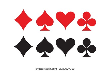 Ilustración vectorial plana del juego de símbolos de la tarjeta de reproducción. Adecuado para el diseño del elemento de juego de cartas. Símbolo de diamante, pala, corazón e ícono de club en negro y rojo.