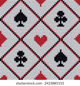 Playing card symbols in argyle jacquard knitted seamless pattern for sweater or socks design. White and black and red background. Vector illustration.