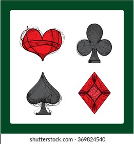 Playing card symbols. The four suits: clubs, diamonds, spades, hearts.