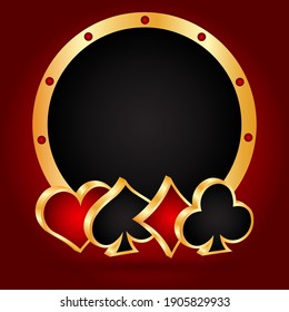 Playing card symbols with golden round frame, gambling background, vector illustration.