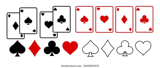 Reproduzindo Símbolos de Cartas. Isolado no fundo branco, vetor de ases de carta, diamantes, espadas, corações, paus. ases de todos os quatro naipes, conceito de pôquer de jogo. Jogo de ícone de cartas de jogar, Jogos de azar, Poker vetor