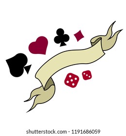 Playing card symbols with ribbon and playing dices. Gambling luck, fortune bet, risk and leisure, jackpot chance.