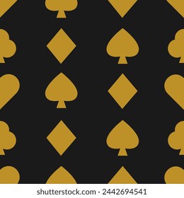 Playing card symbols seamless pattern. Nice gold on black. For wrapping paper, gifts, prints, textiles. Herz, karo, pik, kreuz