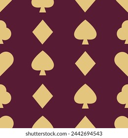 Playing card symbols seamless pattern. Nice gold on dark purple. For wrapping paper, gifts, prints, textiles. Herz, karo, pik, kreuz