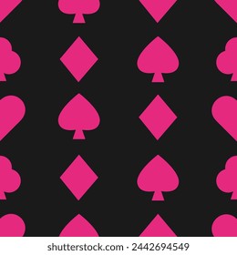 Playing card symbols seamless pattern. Pink on black. For wrapping paper, gifts, prints, textiles. Herz, karo, pik, kreuz