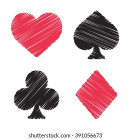 Playing card symbols set in doodle style. Isolated vector illustration of playing cards.