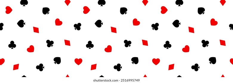 Playing Card Symbols web banner, seamless pattern on white background. Casino Texture