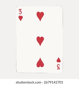 Spielkarte mit drei roten Herzen. Einfaches Design, klassische Spielkarte. Drei Herzen auf einer Karte. Rote Herzen, klassischer Spielkartenstil. Vintage-Illustrationsvektor.