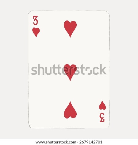Playing card with three red hearts. Simple design, classic playing card. Three hearts on a card. Red hearts, classic playing card style. Vintage illustration vector.