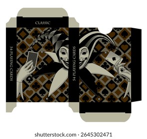 Jogando design de caixa de dobra de cartão com cabeça do Coringa e mãos no estilo de gravura vintage com roupas decoração de fundo. Ilustração vetorial.