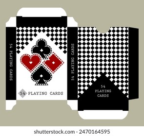 Playing card tuck box template design with suit symbols and chess background in modern style. Vector illustration.