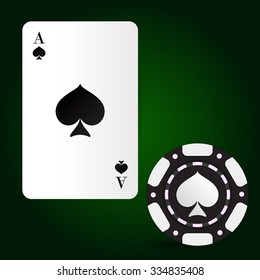 Playing cards Ace of spades. Poker chips. Vector illustration isolated on white background