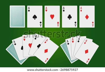 Playing cards. Aces of different suits on a green background. Vector clipart.