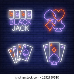 Playing cards aces and suits neon signs set. Poker club and casino design. Night bright neon sign, colorful billboard, light banner. Vector illustration in neon style.