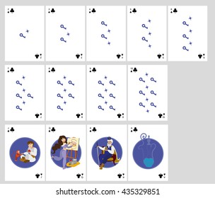 playing cards. Arabian tale. suit. patterns keys, stars. clubs. blue background