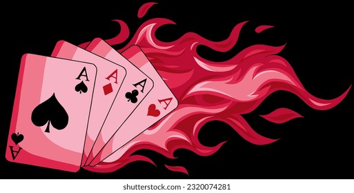 Playing cards arranged in a fan shape. 4 aces on black background